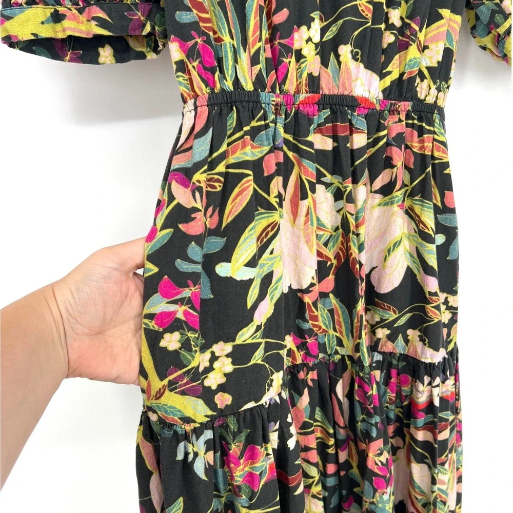 Anthropologie XS Conditions Apply Floral Cotton Open Back Tiered Midi Dress Boho